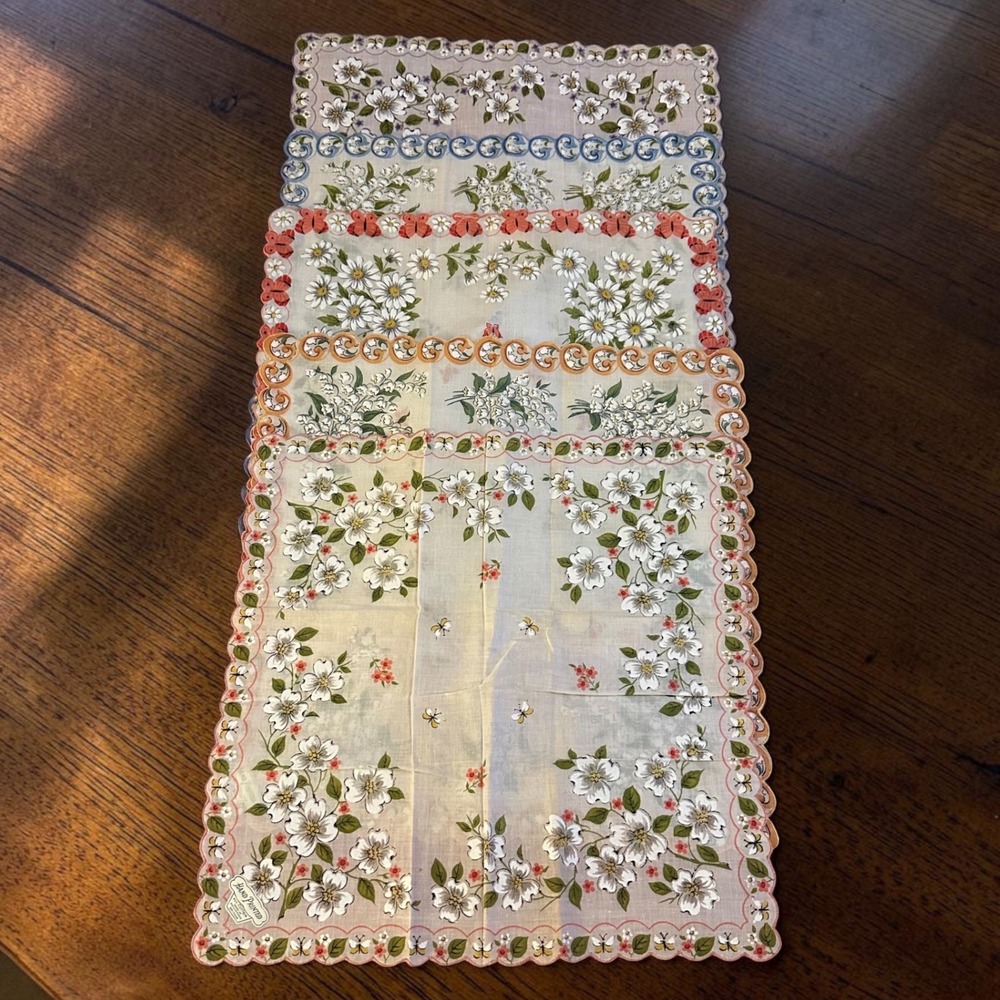 Vintage Hand Printed Cotton Handkerchief Set 5 Floral Butterfly Scalloped 14x14